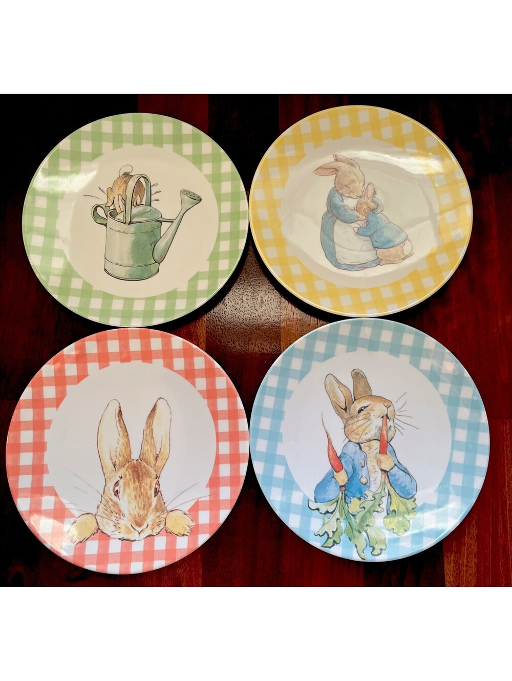 Pottery Barn Kids Peter Rabbit Melamine Dinner Plates Set of 4 Bunny Gingham 9”
